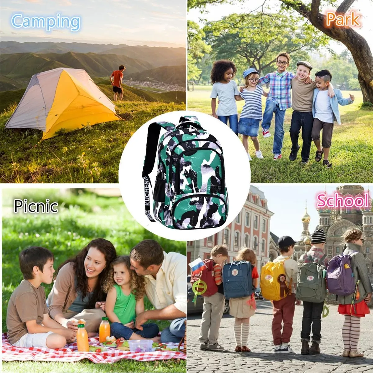 School Backpack Lunch Box Set Water Repellent Casual Daypack Lightweight Bookbags for Kids (A-style Camo Green)