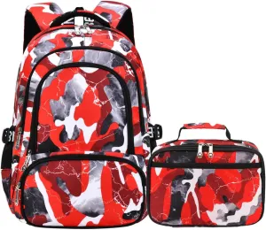 School Backpack Lunch Box Set Water Repellent Casual Daypack Lightweight Bookbags for Kids (A-style Camo Red)