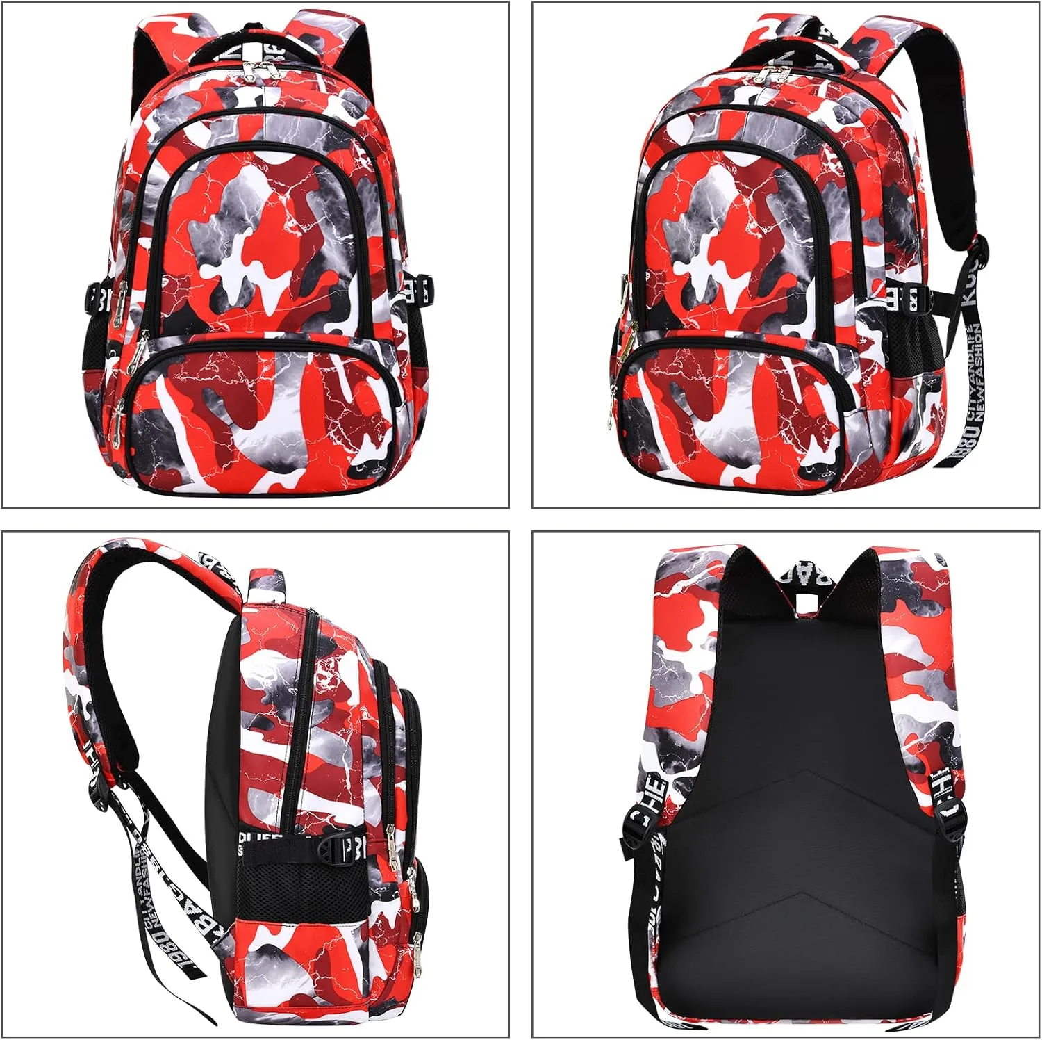 School Backpack Lunch Box Set Water Repellent Casual Daypack Lightweight Bookbags for Kids (A-style Camo Red)
