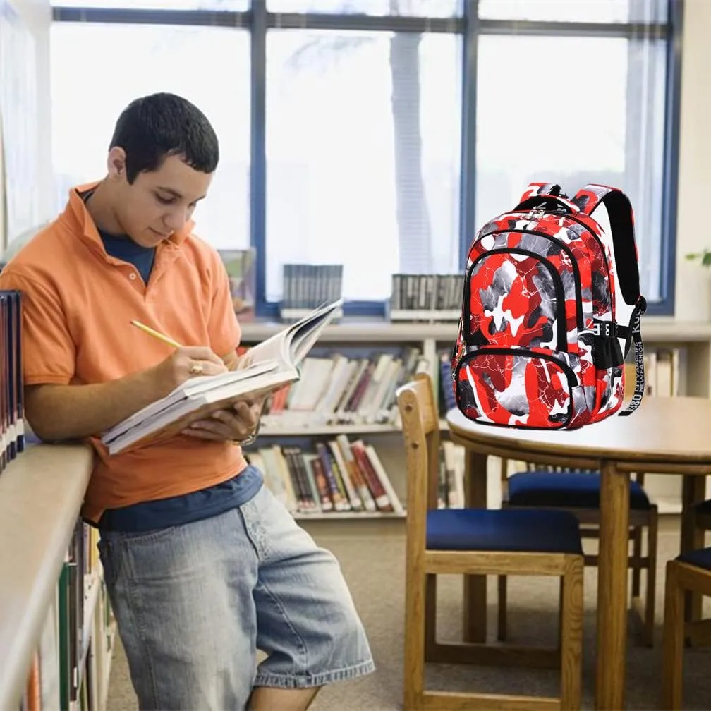 School Backpack Lunch Box Set Water Repellent Casual Daypack Lightweight Bookbags for Kids (A-style Camo Red)