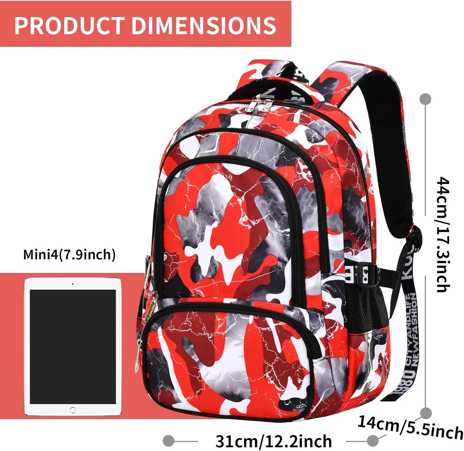 School Backpack Lunch Box Set Water Repellent Casual Daypack Lightweight Bookbags for Kids (A-style Camo Red)