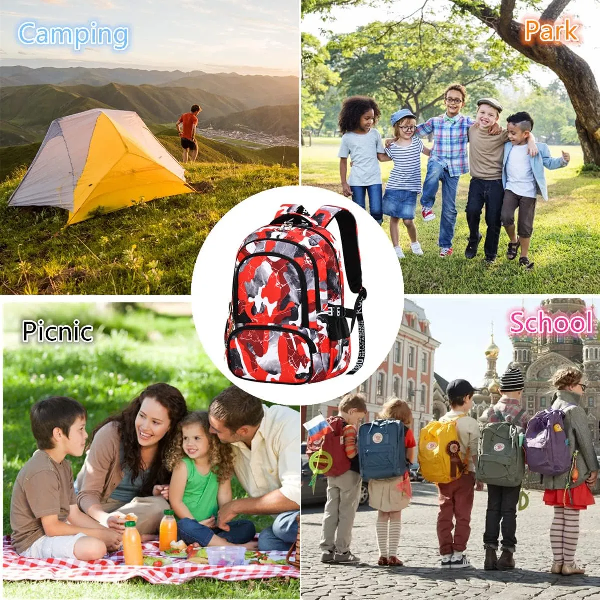 School Backpack Lunch Box Set Water Repellent Casual Daypack Lightweight Bookbags for Kids (A-style Camo Red)