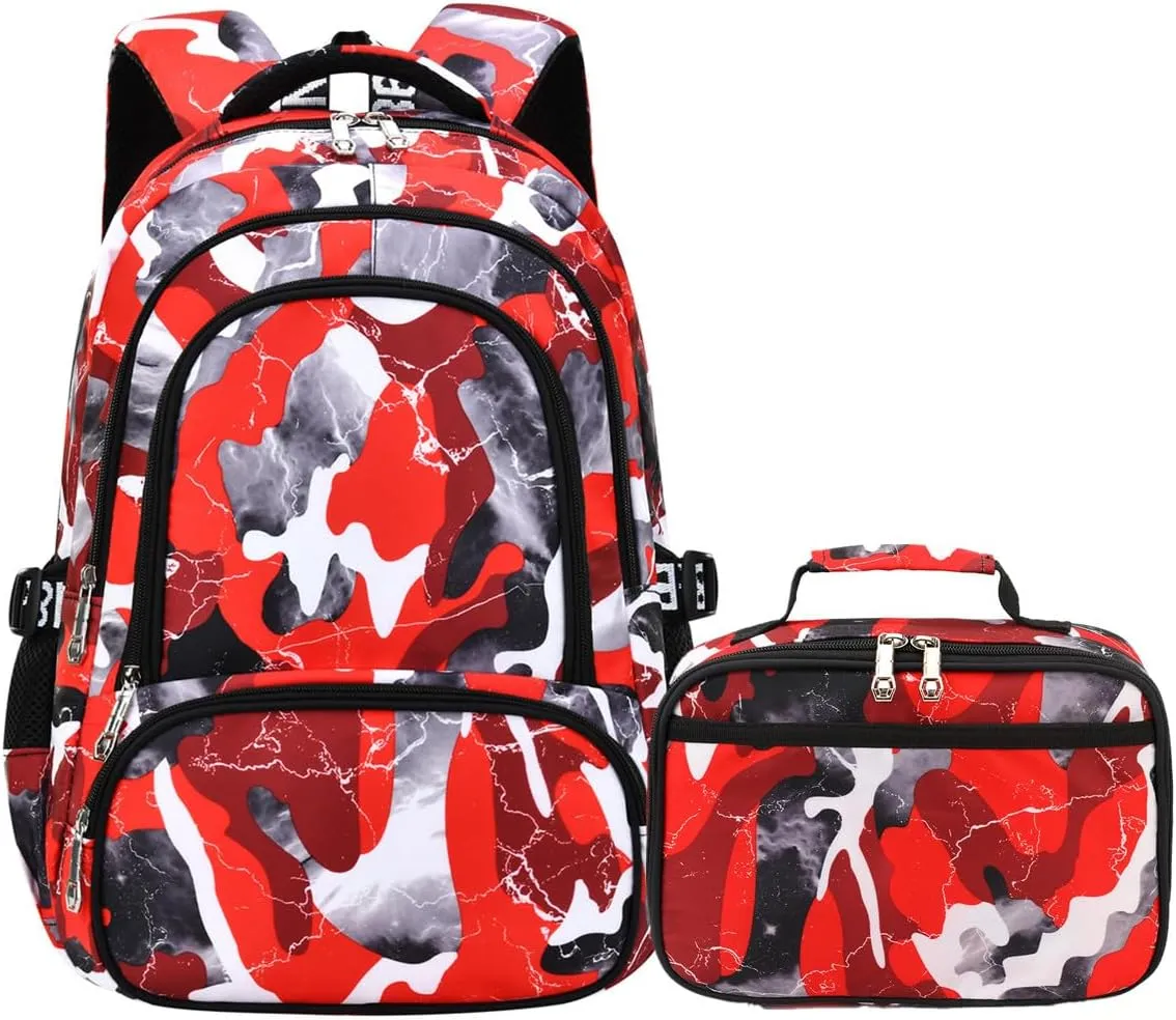 School Backpack Lunch Box Set Water Repellent Casual Daypack Lightweight Bookbags for Kids (A-style Camo Red)