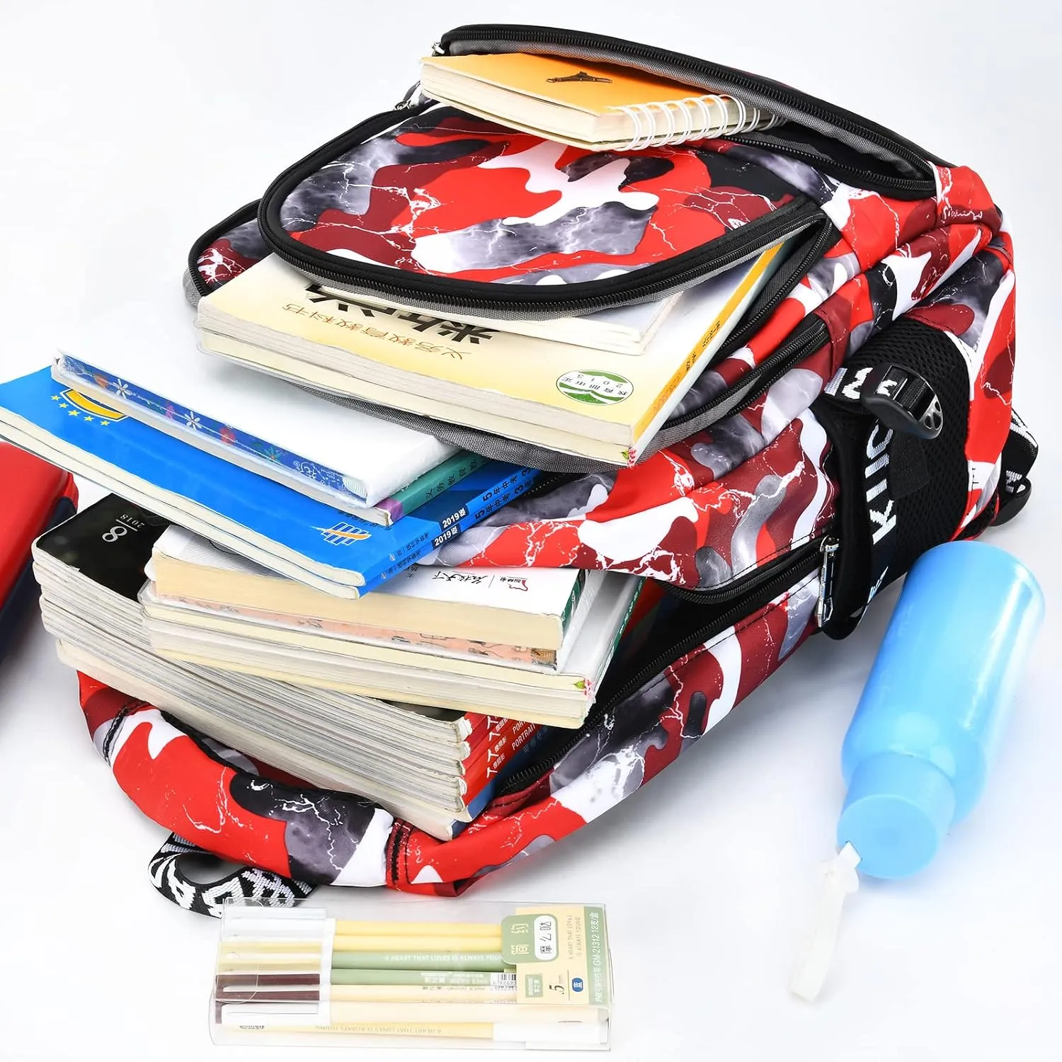 School Backpack Lunch Box Set Water Repellent Casual Daypack Lightweight Bookbags for Kids (A-style Camo Red)
