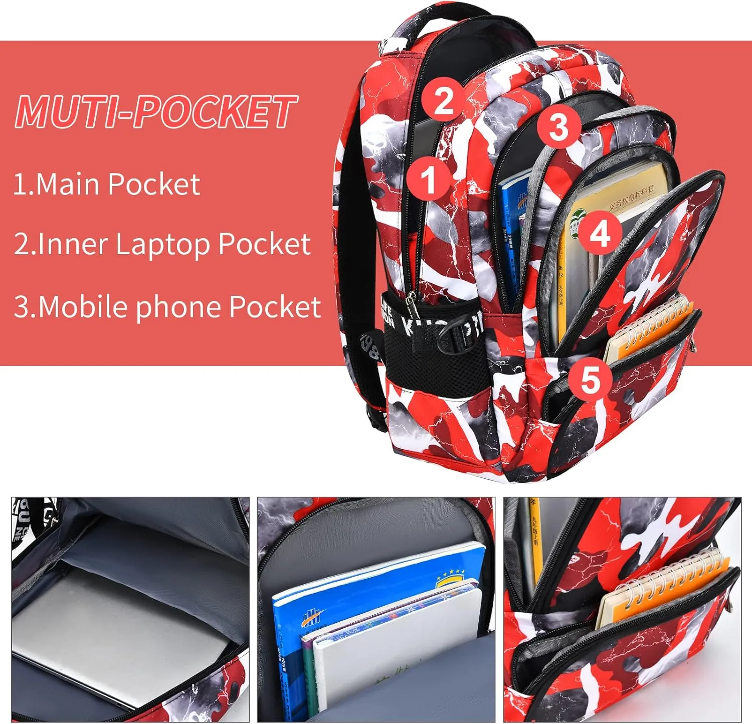 School Backpack Lunch Box Set Water Repellent Casual Daypack Lightweight Bookbags for Kids (A-style Camo Red)