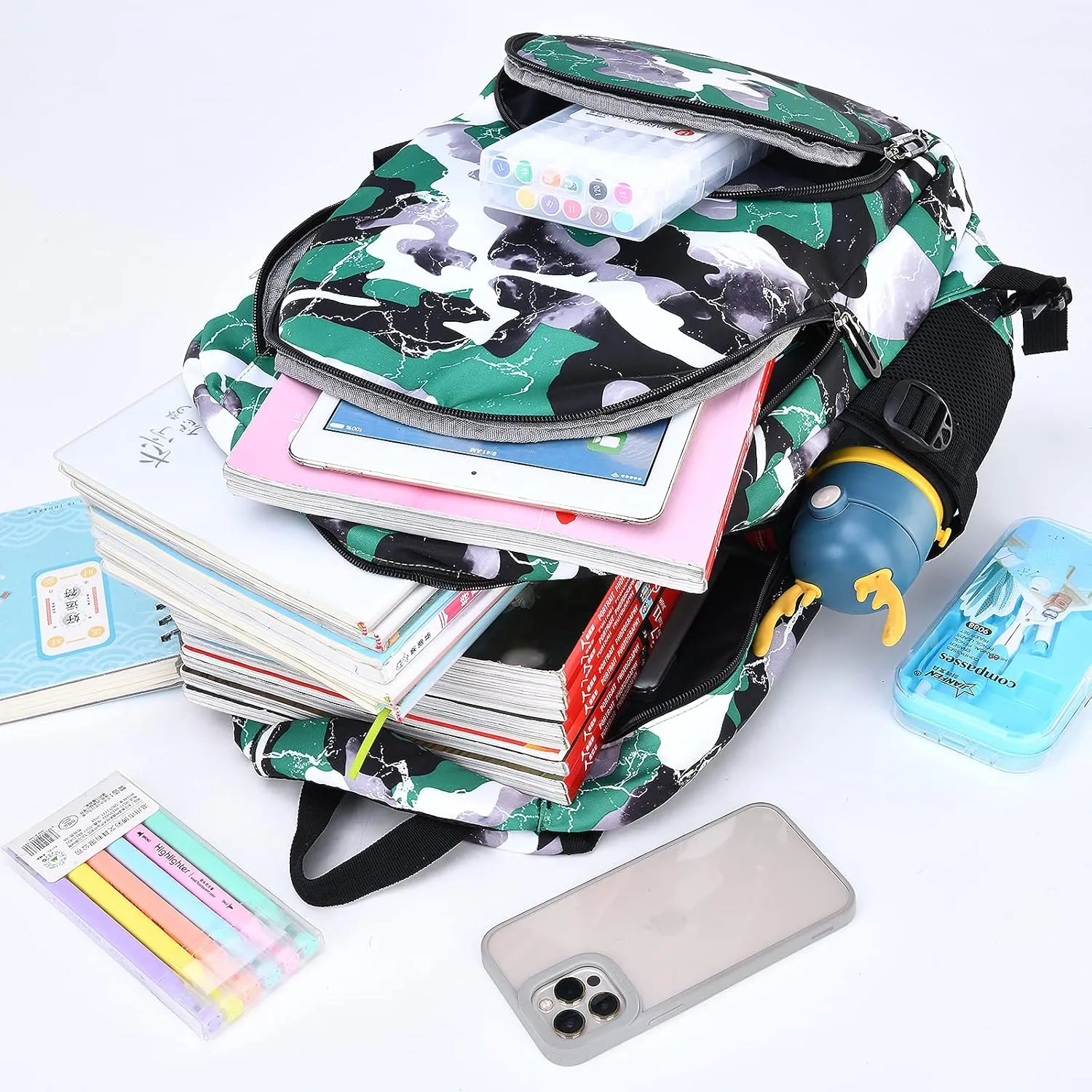 School Backpack Lunch Box Set Water Repellent Casual Daypack Lightweight Bookbags for Kids (FX Camo Green)