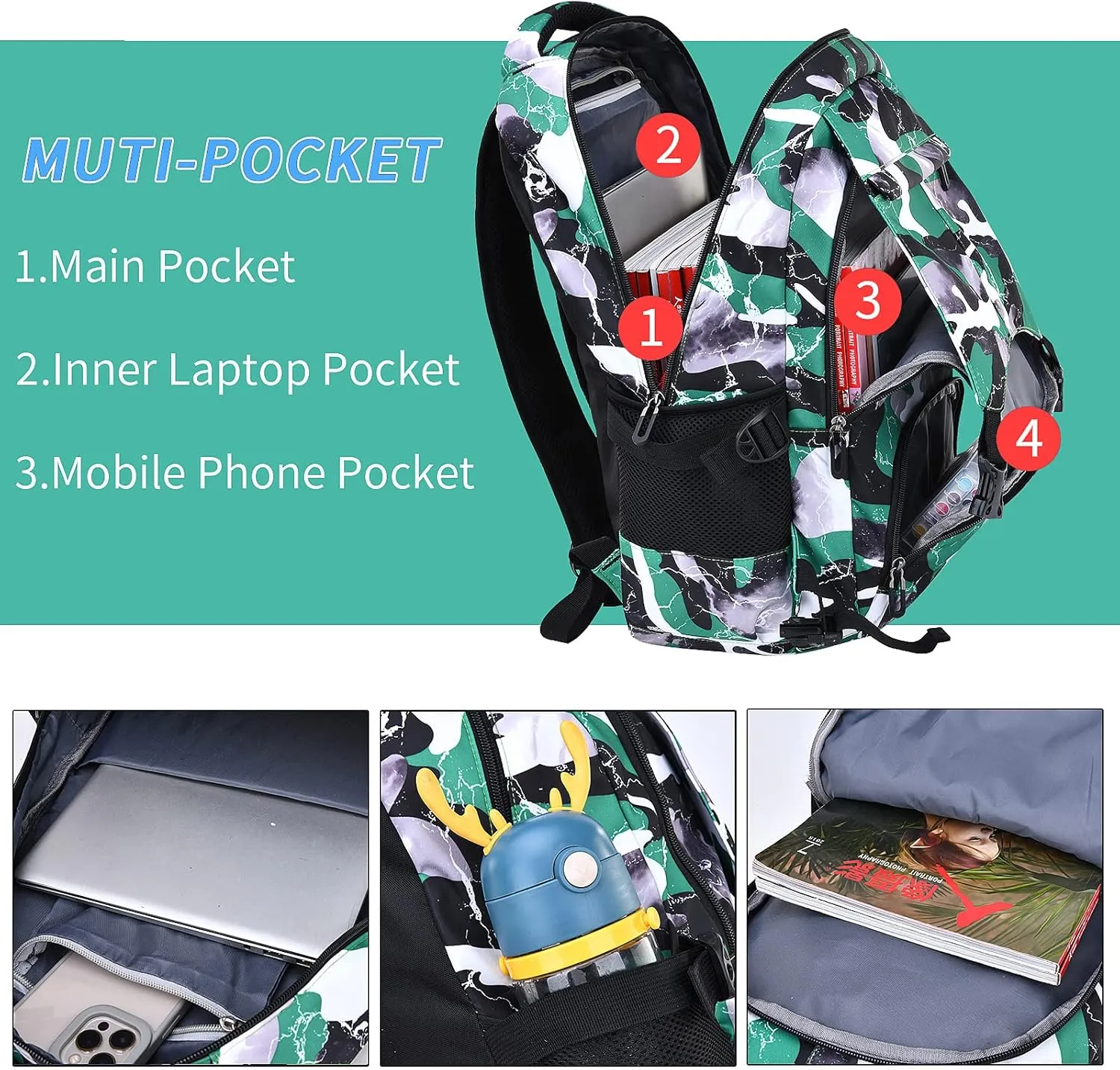 School Backpack Lunch Box Set Water Repellent Casual Daypack Lightweight Bookbags for Kids (FX Camo Green)