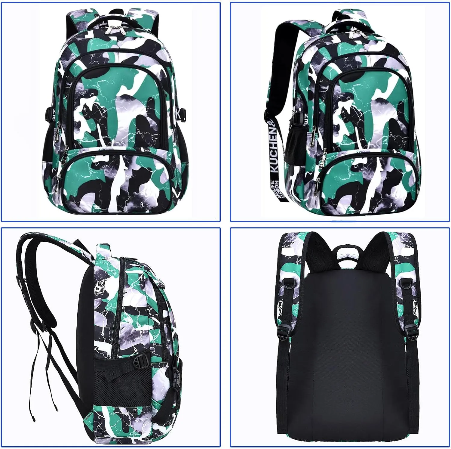 School Backpack Lunch Box Set Water Repellent Casual Daypack Lightweight Bookbags for Kids (FX Camo Green)