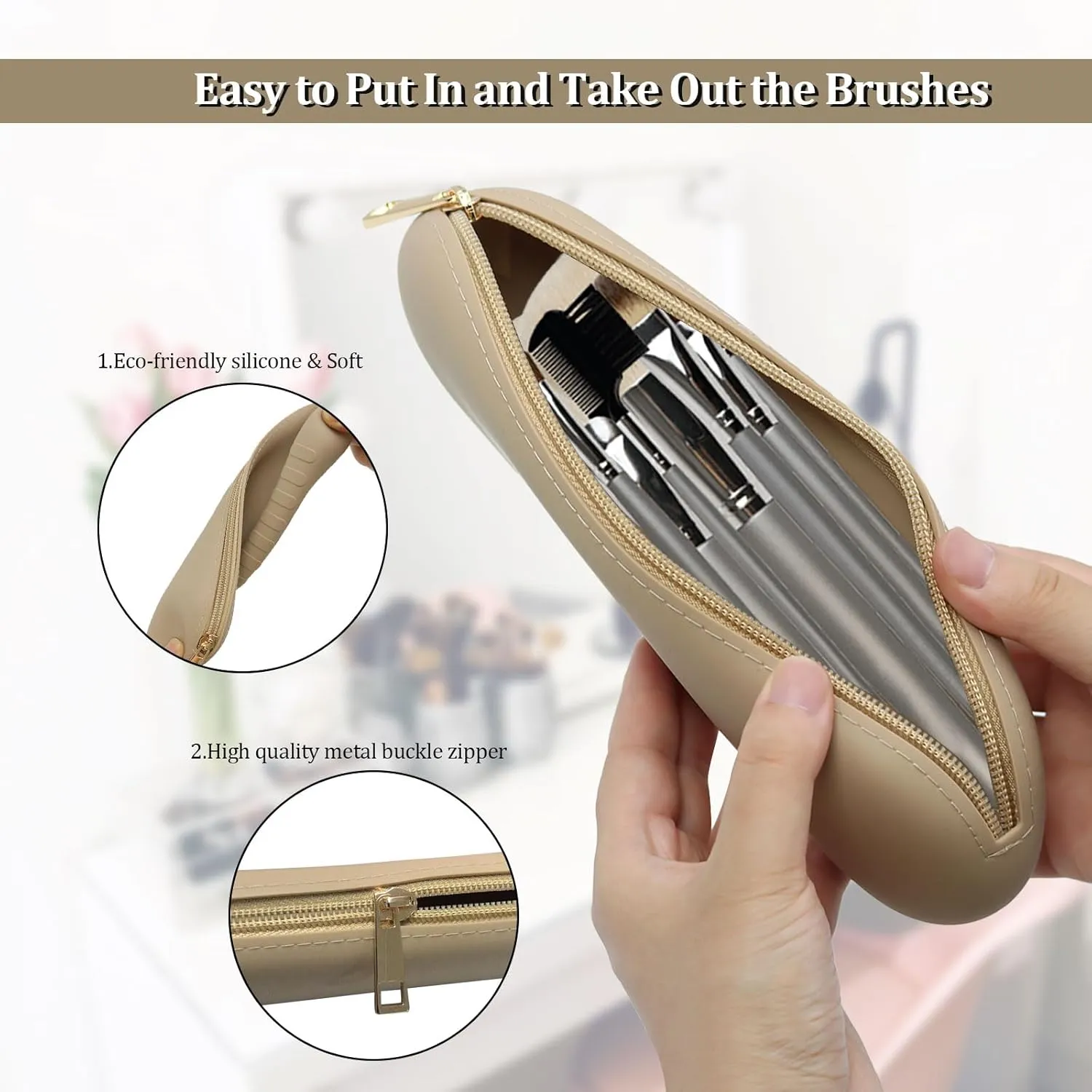 Silicone Makeup Brush Holder,Waterproof Travel Toiletry Bag,Large Capacity Powder Brush Holder,Soft Makeup Brush Pouch,Women Makeup Accessories Organizer,Cosmetic Storage Bag Make Up Brushes