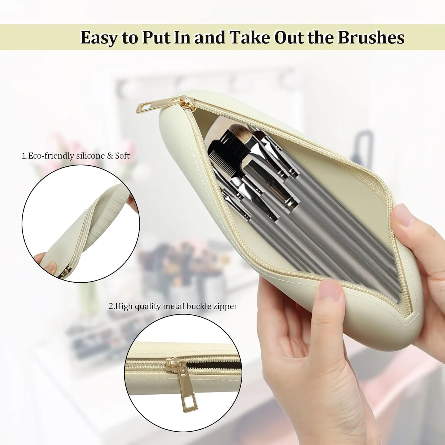 Silicone Makeup Brush Holder,Waterproof Travel Toiletry Bag,Large Capacity Powder Brush Holder,Soft Makeup Brush Pouch,Women Makeup Accessories Organizer,Cosmetic Storage Bag Make Up Brushes