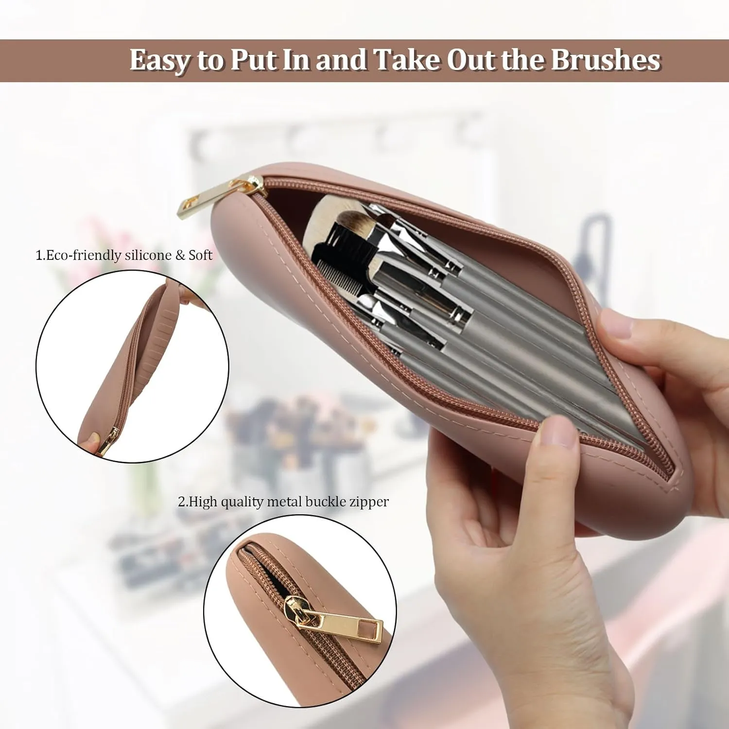Silicone Makeup Brush Holder,Waterproof Travel Toiletry Bag,Large Capacity Powder Brush Holder,Soft Makeup Brush Pouch,Women Makeup Accessories Organizer,Cosmetic Storage Bag Make Up Brushes