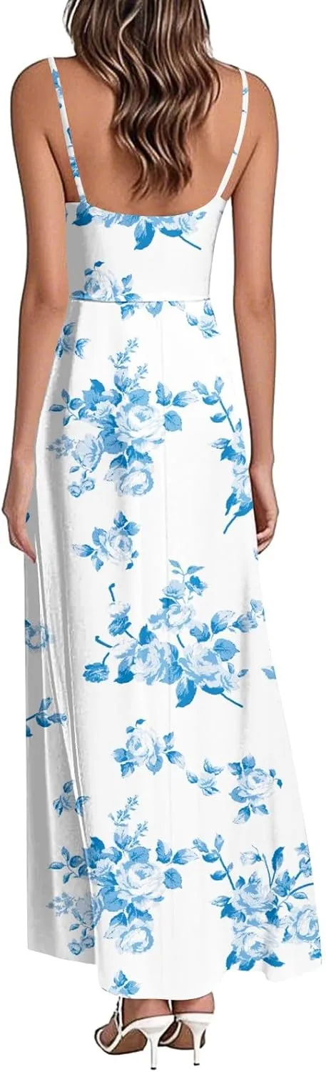 Summer Dresses for Women 2025 Spring Adjustable Spaghetti Strap Maxi Dress Floral Beach Vacation Long Sundress
