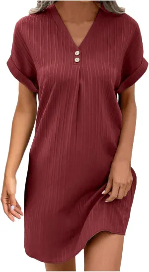 Summer Dresses for Women 2025 Trendy Short Sleeve Mini Dress Casual Button V Neck Ribbed Loose T Shirt Dresses