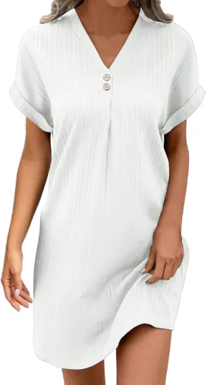 Summer Dresses for Women 2025 Trendy Short Sleeve Mini Dress Casual Button V Neck Ribbed Loose T Shirt Dresses