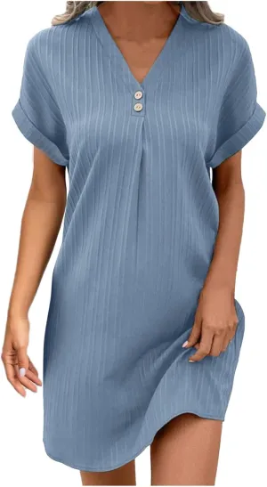 Summer Dresses for Women 2025 Trendy Short Sleeve Mini Dress Casual Button V Neck Ribbed Loose T Shirt Dresses