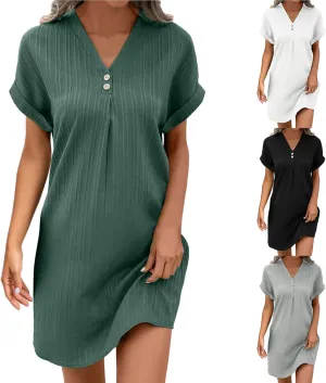 Summer Dresses for Women 2025 Trendy Short Sleeve Mini Dress Casual Button V Neck Ribbed Loose T Shirt Dresses