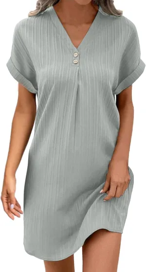 Summer Dresses for Women 2025 Trendy Short Sleeve Mini Dress Casual Button V Neck Ribbed Loose T Shirt Dresses