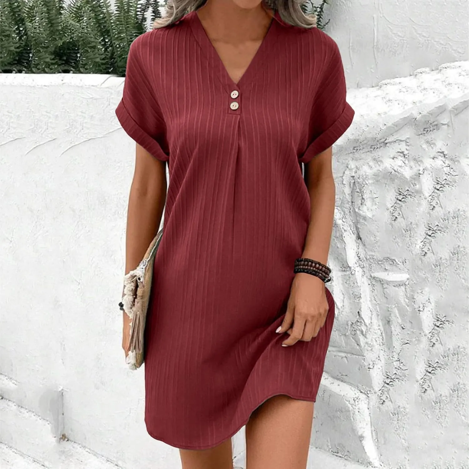 Summer Dresses for Women 2025 Trendy Short Sleeve Mini Dress Casual Button V Neck Ribbed Loose T Shirt Dresses