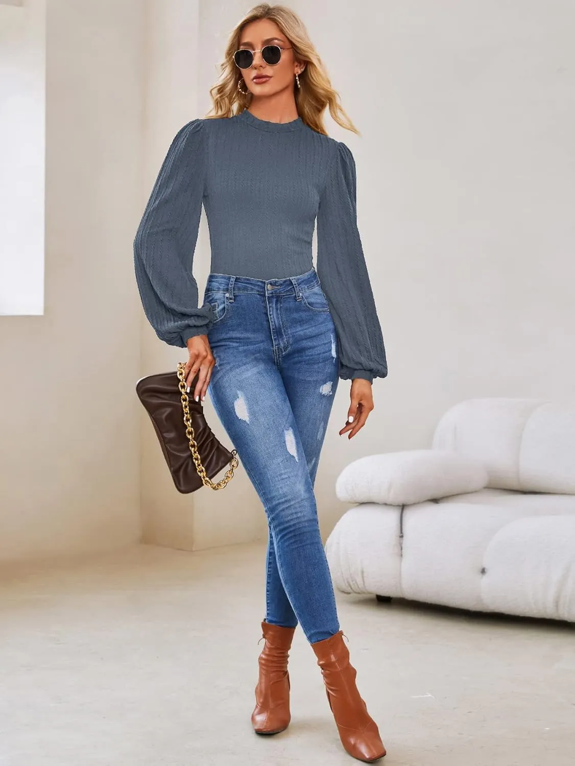 SweatyRocks Women's Mock Turtle Neck Bishop Sleeve Slim fit T Shirt Tops Bodysuit Jumpsuit