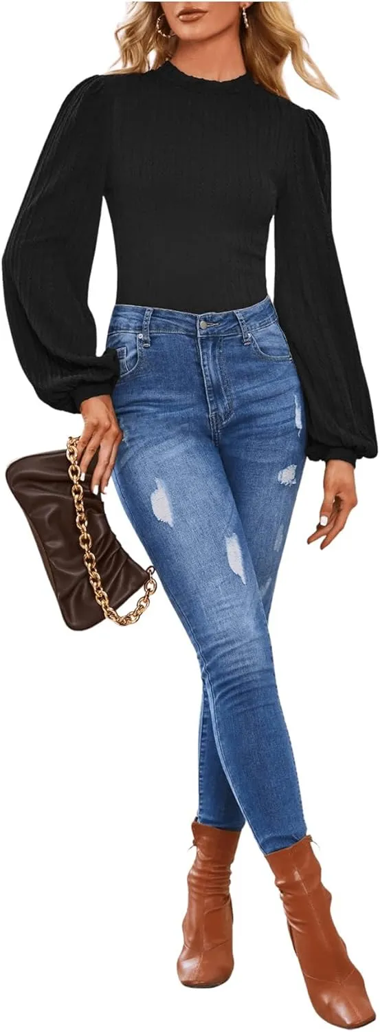 SweatyRocks Women's Mock Turtle Neck Bishop Sleeve Slim fit T Shirt Tops Bodysuit Jumpsuit