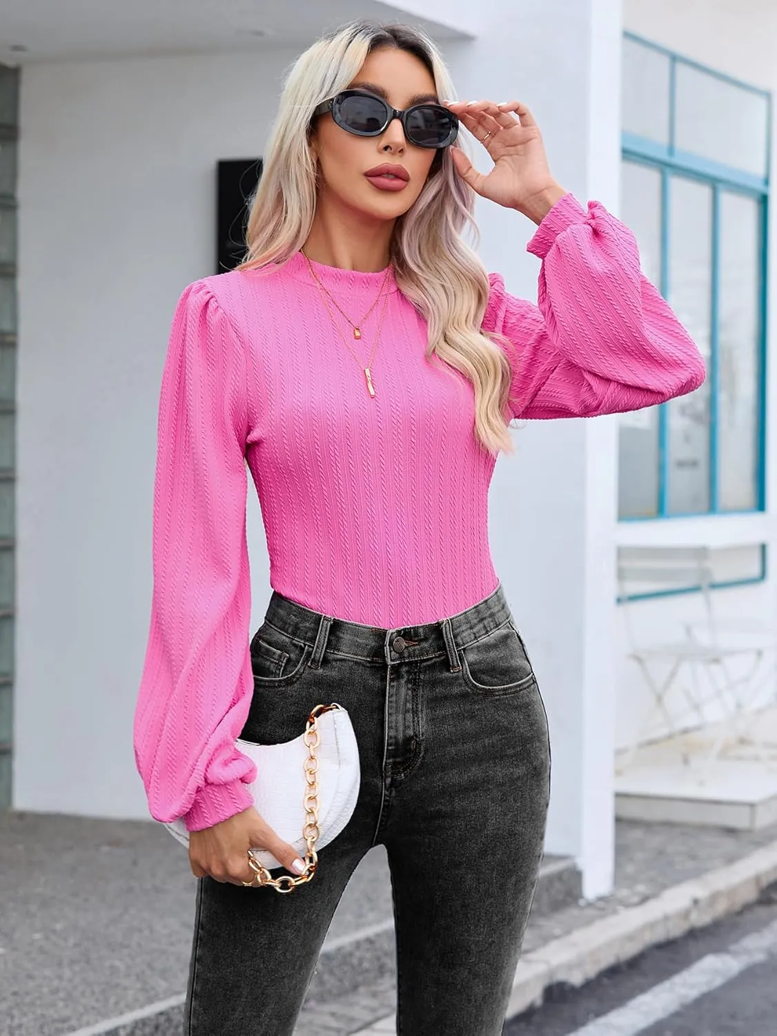 SweatyRocks Women's Mock Turtle Neck Bishop Sleeve Slim fit T Shirt Tops Bodysuit Jumpsuit