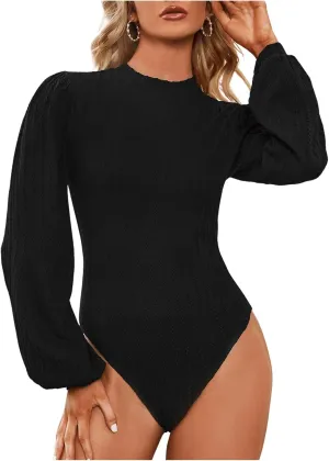 SweatyRocks Women's Mock Turtle Neck Bishop Sleeve Slim fit T Shirt Tops Bodysuit Jumpsuit