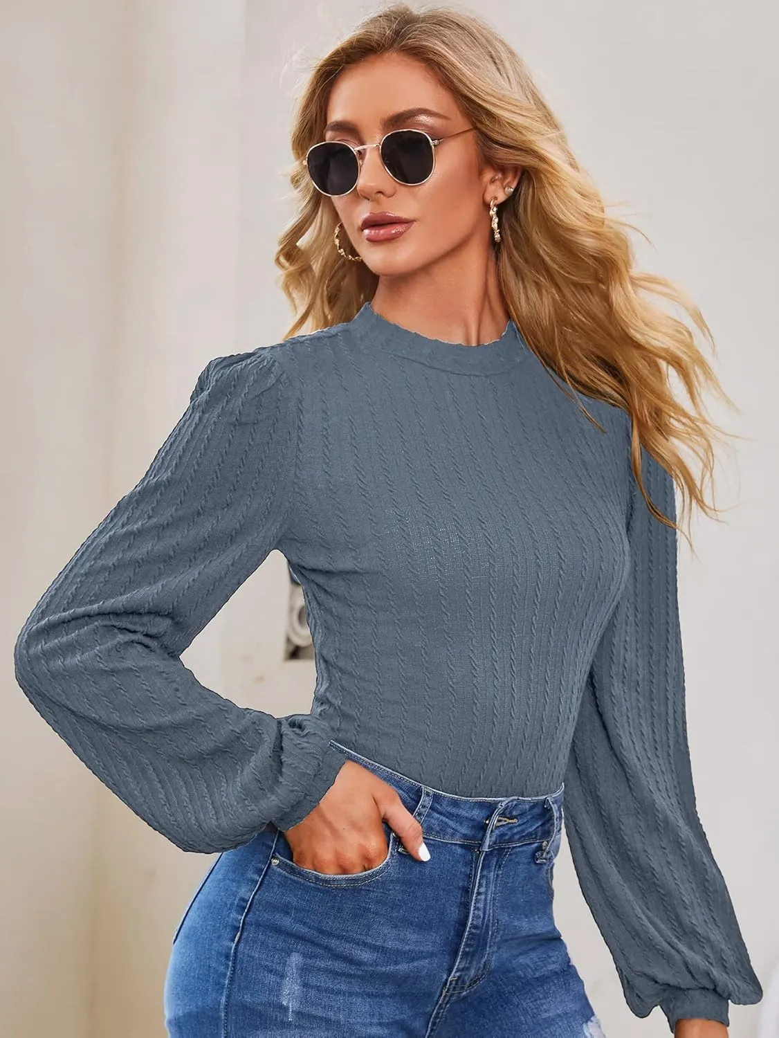 SweatyRocks Women's Mock Turtle Neck Bishop Sleeve Slim fit T Shirt Tops Bodysuit Jumpsuit
