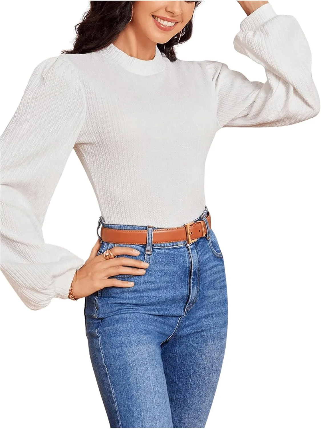 SweatyRocks Women's Mock Turtle Neck Bishop Sleeve Slim fit T Shirt Tops Bodysuit Jumpsuit