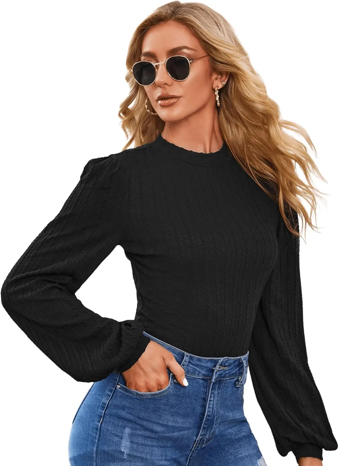 SweatyRocks Women's Mock Turtle Neck Bishop Sleeve Slim fit T Shirt Tops Bodysuit Jumpsuit