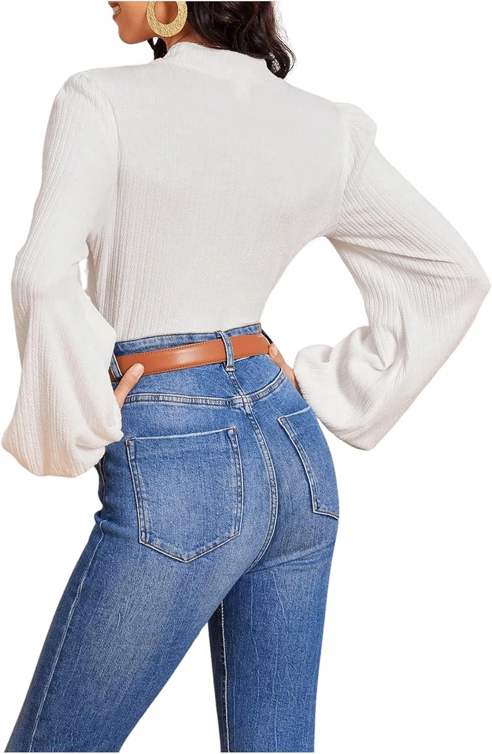 SweatyRocks Women's Mock Turtle Neck Bishop Sleeve Slim fit T Shirt Tops Bodysuit Jumpsuit