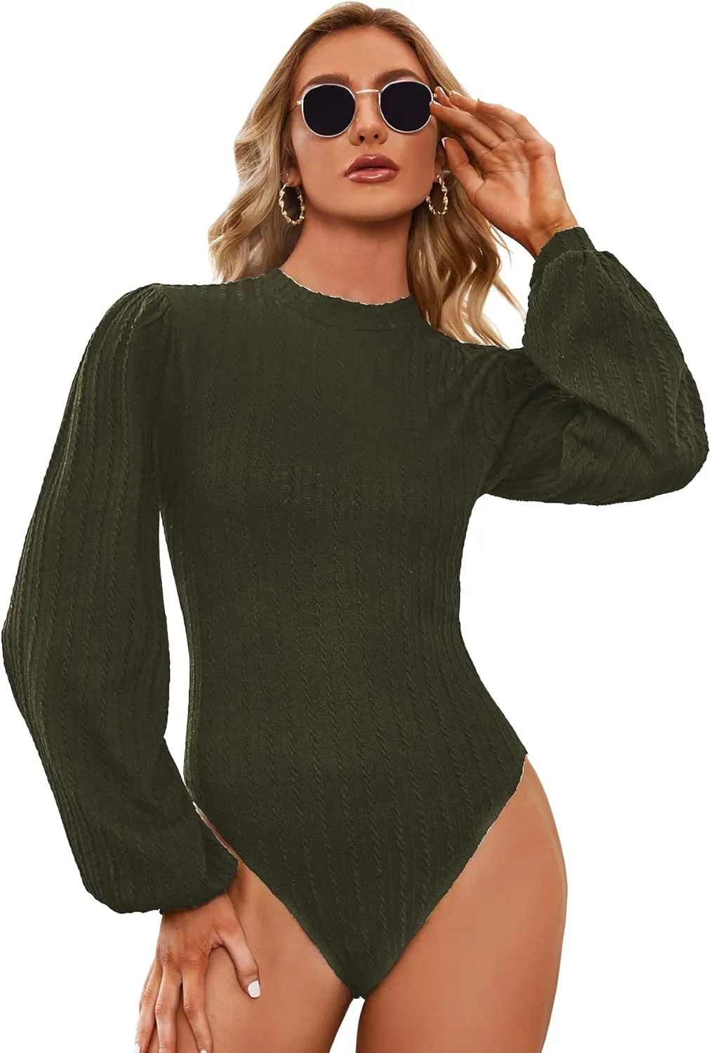 SweatyRocks Women's Mock Turtle Neck Bishop Sleeve Slim fit T Shirt Tops Bodysuit Jumpsuit