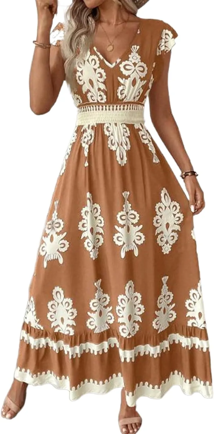 ThCreasa Womens Summer V Neck Smocked Maxi Dresses Cap Sleeve High Waisted Flowy Beach Boho Long Sundress