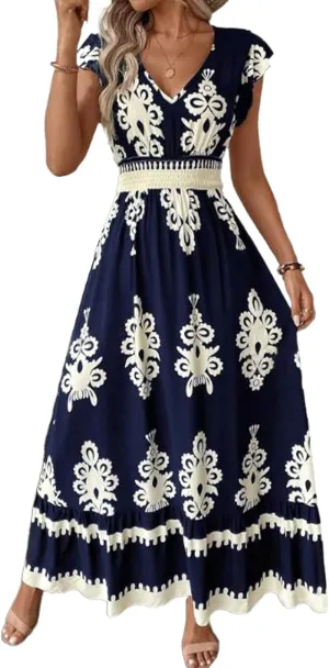 ThCreasa Womens Summer V Neck Smocked Maxi Dresses Cap Sleeve High Waisted Flowy Beach Boho Long Sundress