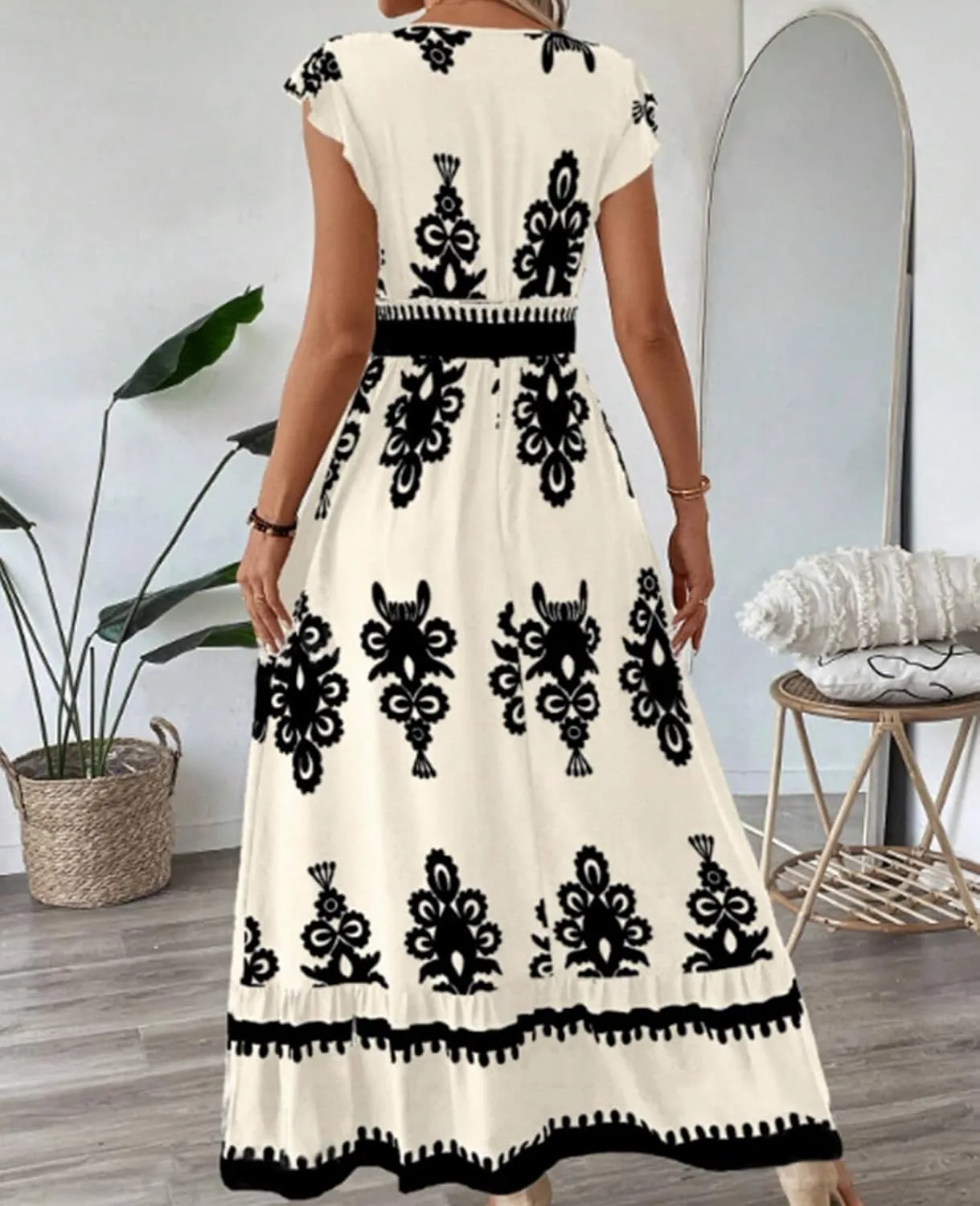 ThCreasa Womens Summer V Neck Smocked Maxi Dresses Cap Sleeve High Waisted Flowy Beach Boho Long Sundress