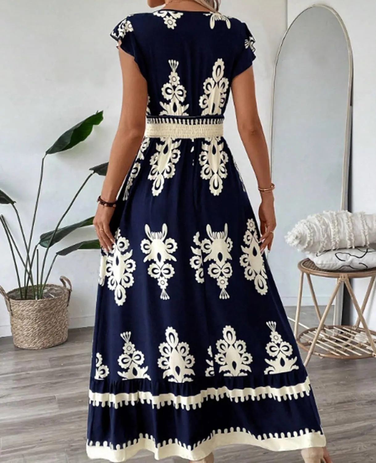 ThCreasa Womens Summer V Neck Smocked Maxi Dresses Cap Sleeve High Waisted Flowy Beach Boho Long Sundress