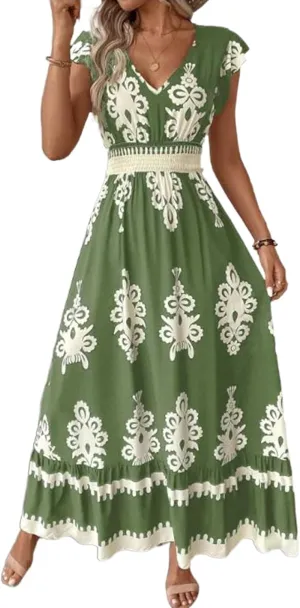 ThCreasa Womens Summer V Neck Smocked Maxi Dresses Cap Sleeve High Waisted Flowy Beach Boho Long Sundress