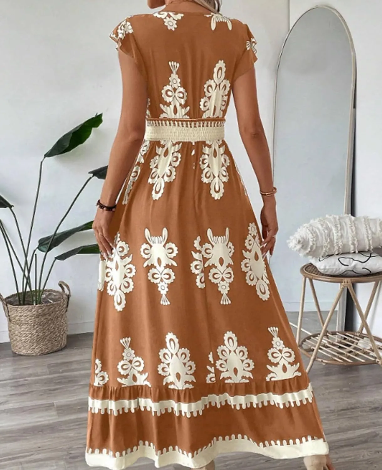 ThCreasa Womens Summer V Neck Smocked Maxi Dresses Cap Sleeve High Waisted Flowy Beach Boho Long Sundress
