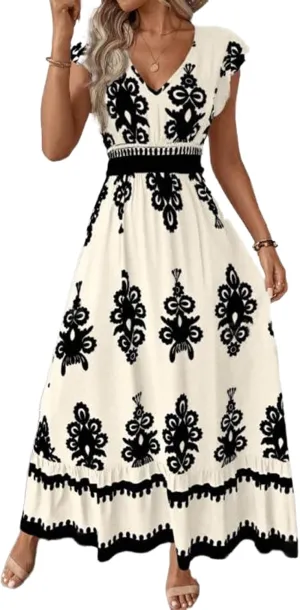 ThCreasa Womens Summer V Neck Smocked Maxi Dresses Cap Sleeve High Waisted Flowy Beach Boho Long Sundress
