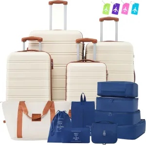 Travel Easily with Lightweight Hardshell Luggage Set, 4-Piece Spinner Suitcases with Travel Bag and Storage Accessories, Brown and White