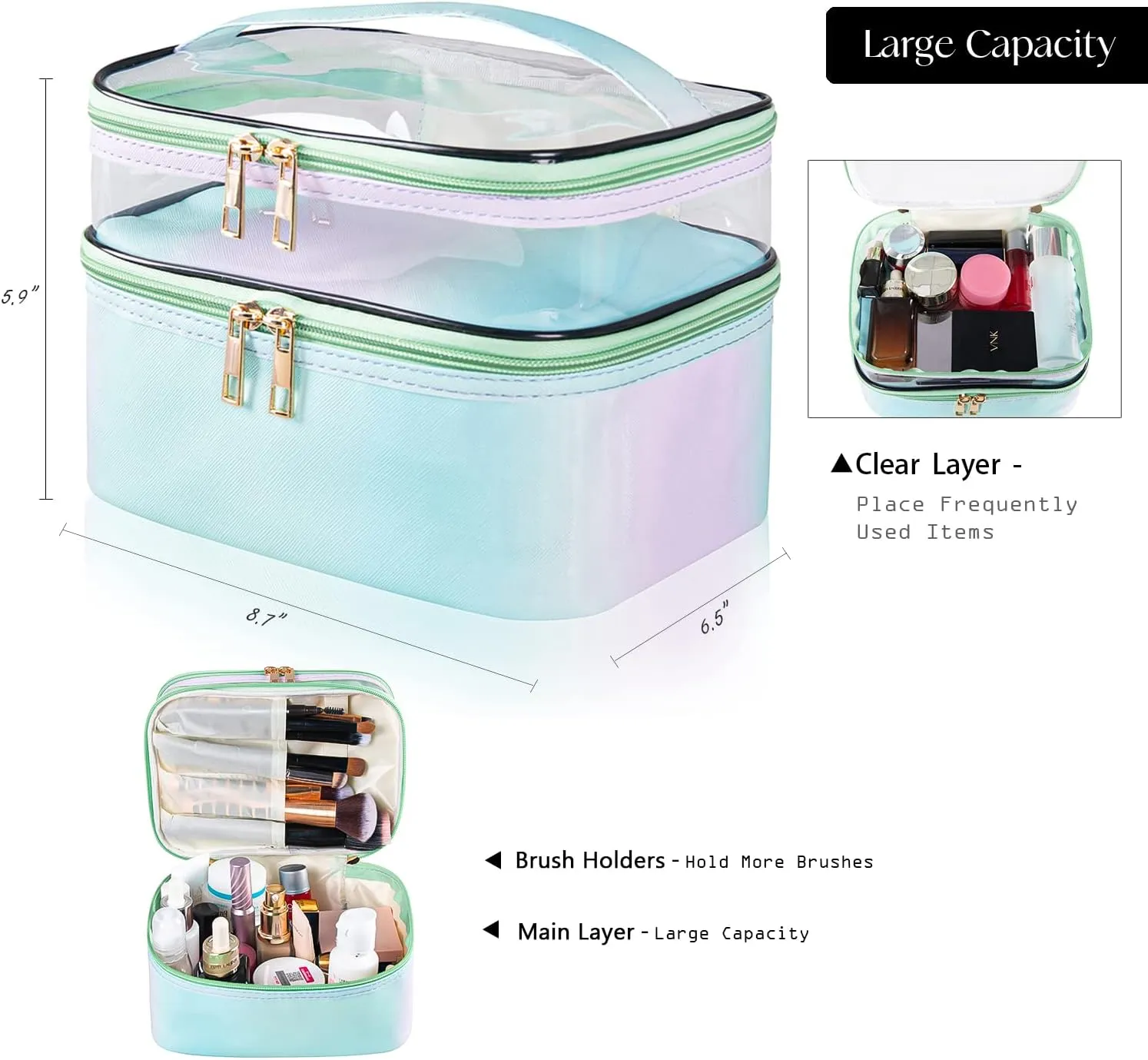 Travel Makeup Bag Cosmetic Bag Makeup Bags for Women Cosmetics Cases Portable Waterproof Foldable (Rainbow Green)