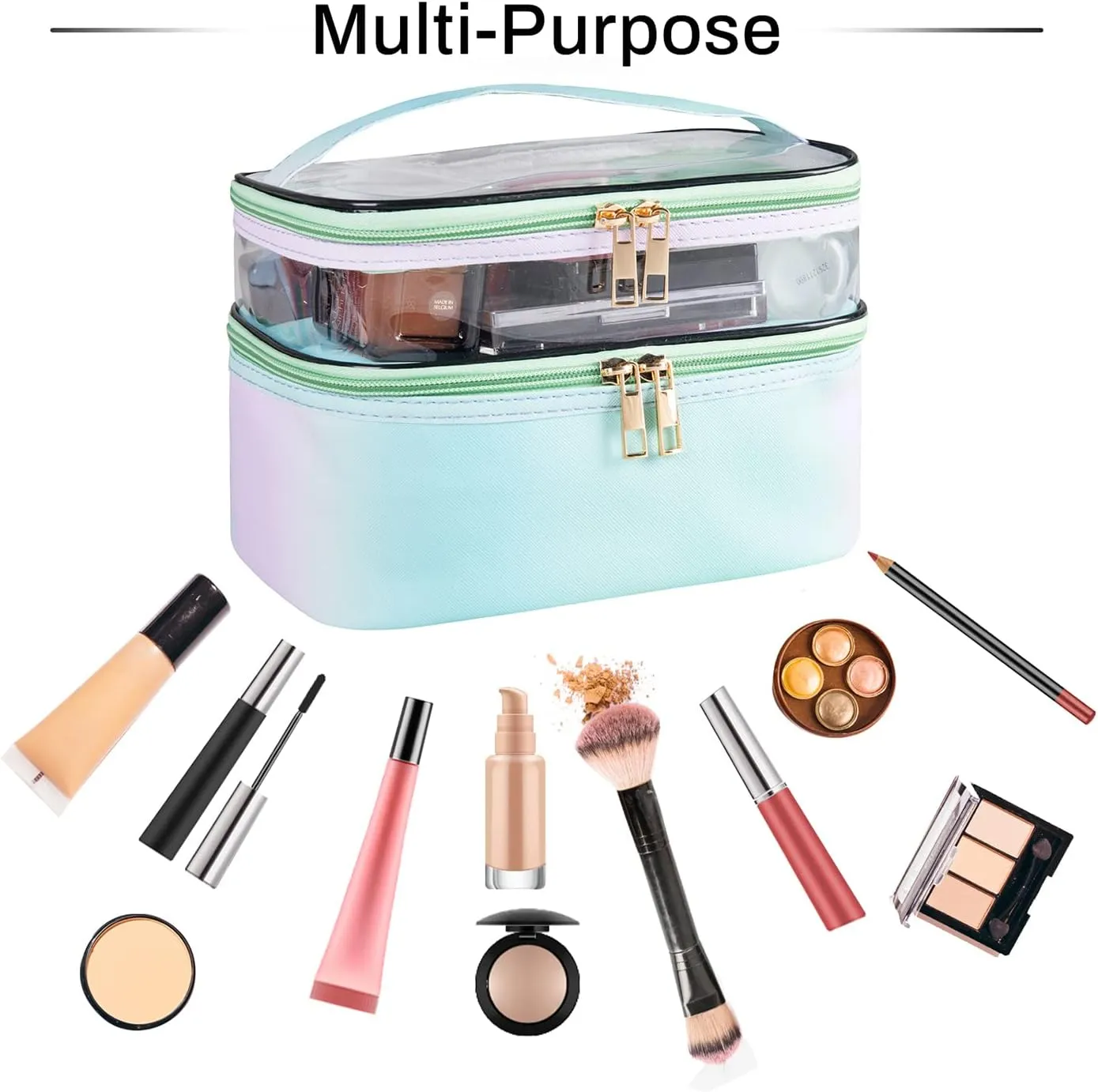 Travel Makeup Bag Cosmetic Bag Makeup Bags for Women Cosmetics Cases Portable Waterproof Foldable (Rainbow Green)