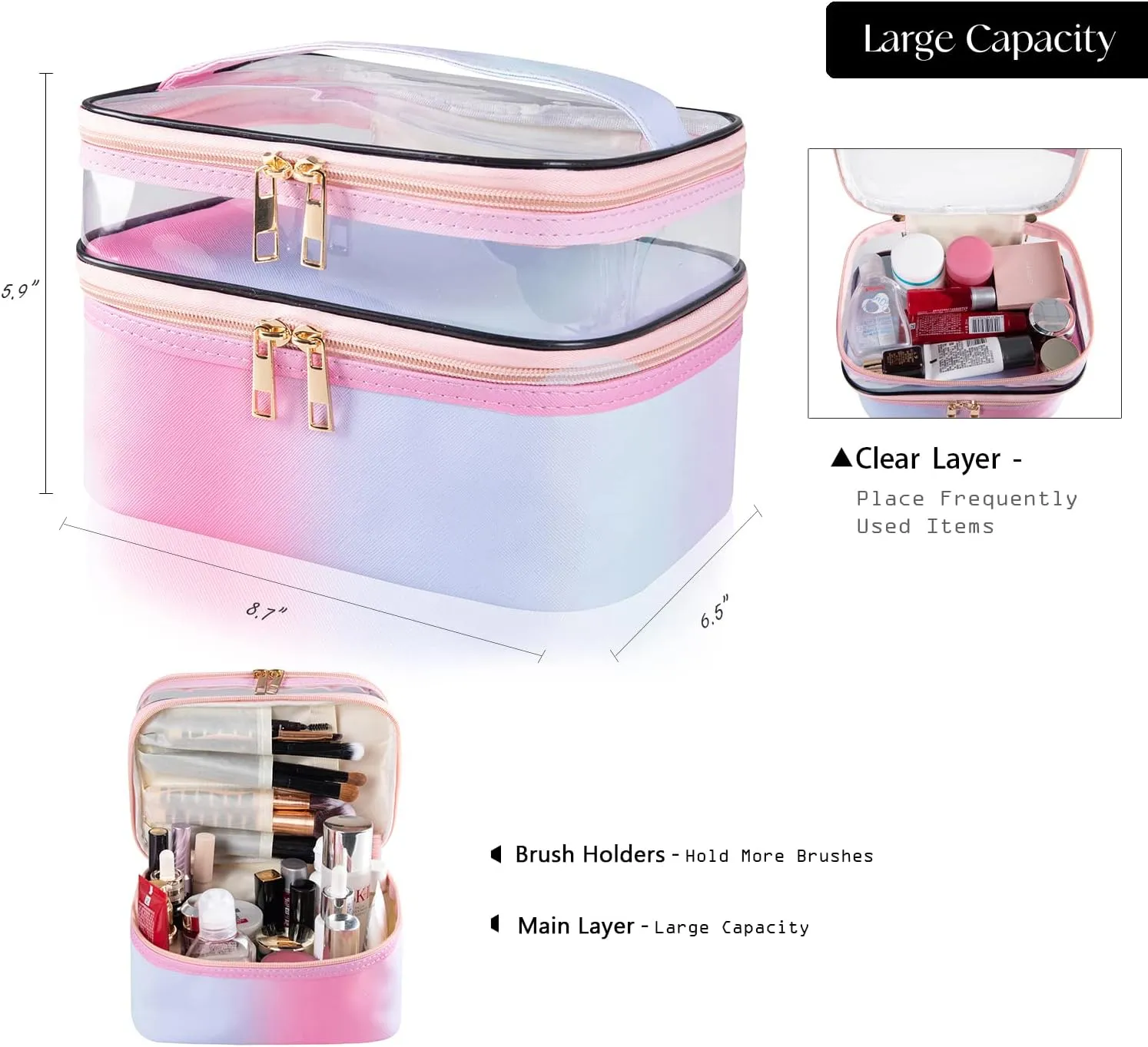Travel Makeup Bag Cosmetic Bag Makeup Bags for Women Cosmetics Cases Portable Waterproof Foldable (Rainbow Pink)