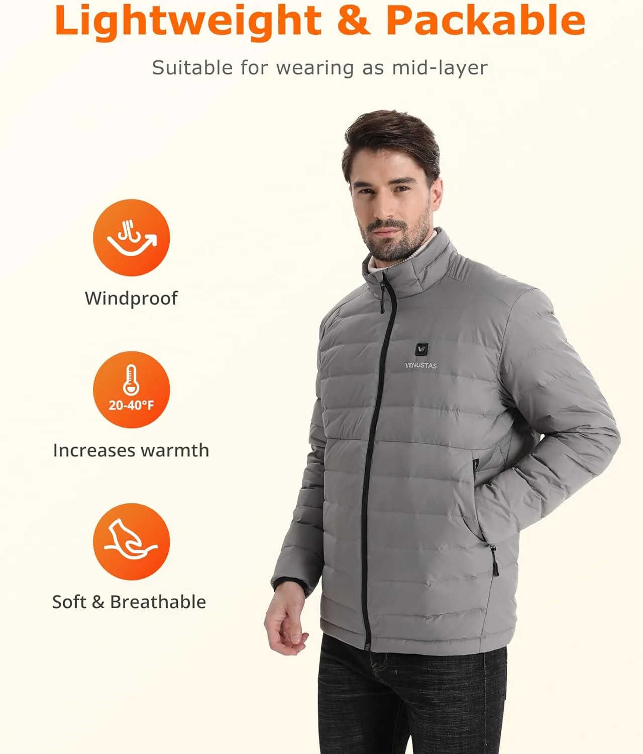 Venustas Men's Recycled Heated Down Jacket with Battery Pack, Lightweight Electric Puffer Coat, 90% Down Heated Clothing