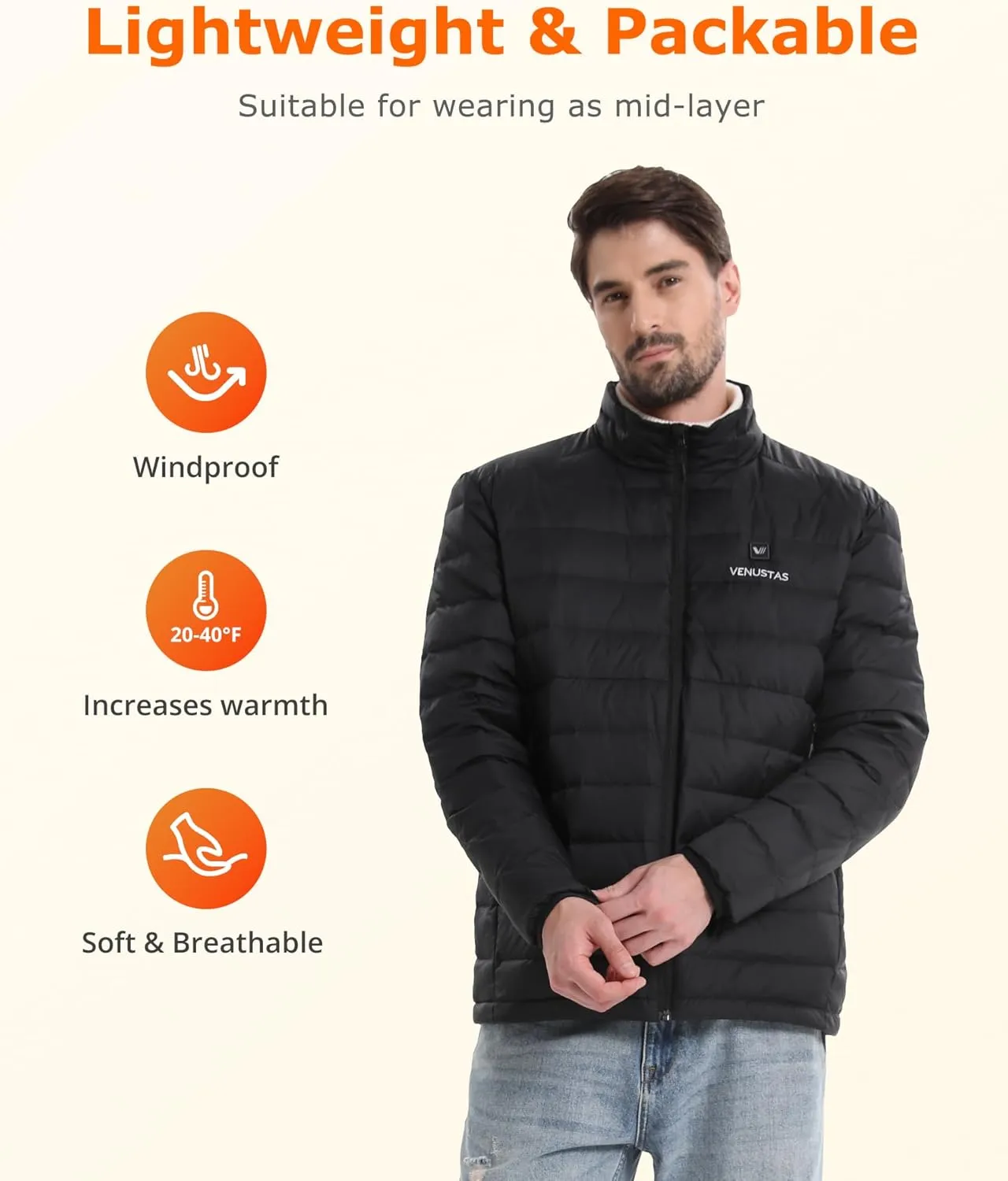 Venustas Men's Recycled Heated Down Jacket with Battery Pack, Lightweight Electric Puffer Coat, 90% Down Heated Clothing