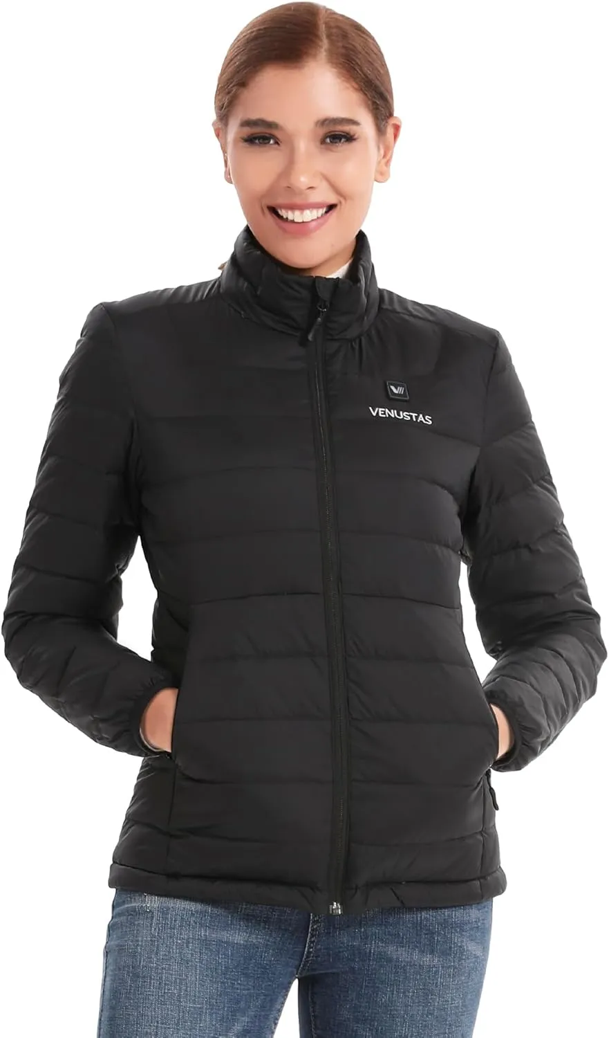 Venustas Women's Recycled Heated Down Jacket with Battery Pack, Lightweight Electric Puffer Coat, 90% Down Heated Clothing