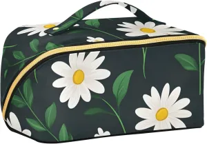 White Flowers Lay Flat Travel Makeup Bag Large Capacity Cosmetic Organizer Toiletry Bag for WomanWide Open Portable Pouch with Divider and Handle
