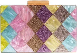 Women Acrylic Diamond Clutch Marbled Shining Square Box Handbag Smooth Chic Shoulder Handbag for Party Prom Club