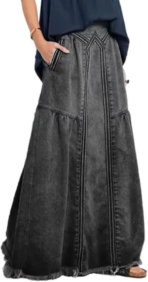 Women High Waisted Emo Jean Skirt A Line Long Denim Skirts Y2K Preppy Maxi Denim Skirt Vintage Frayed Hem Skirt