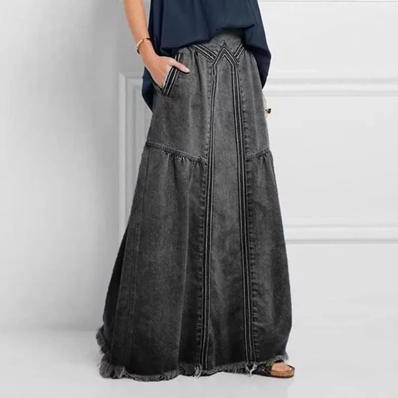 Women High Waisted Emo Jean Skirt A Line Long Denim Skirts Y2K Preppy Maxi Denim Skirt Vintage Frayed Hem Skirt