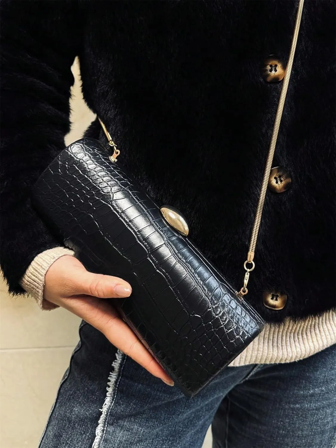 Women PU Leather Long Handbag Snake Skin Pattern Shoulder Clutch Bag Special Brown Casual Evening Purse Bag
